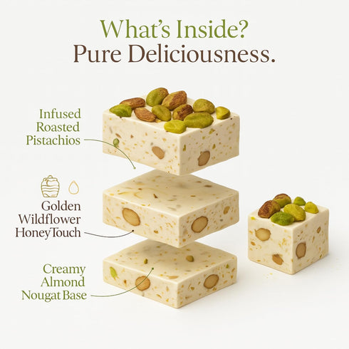 (7 Oz) ANDY ANAND CHOCOLATIER Gluten Free Roasted Pistachios Soft Nougat Brittle - Made in Europe Luxuriously Creamy