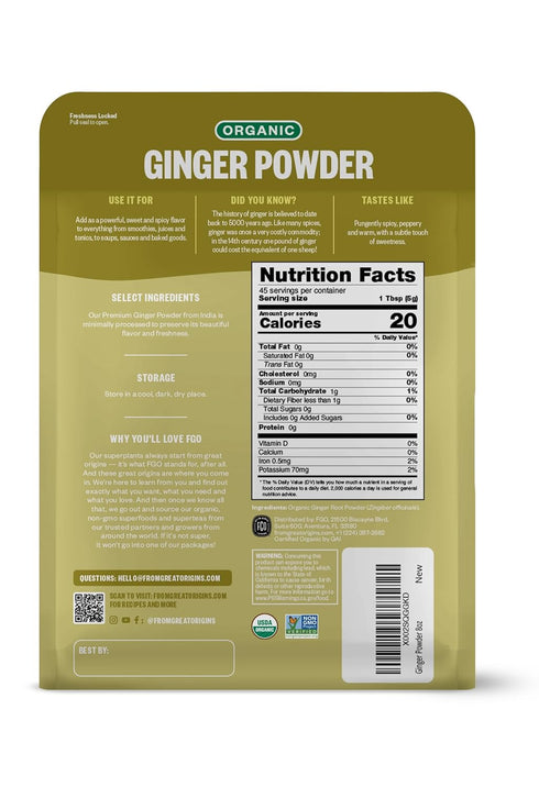 FGO Organic Ginger Powder - Imported from India, 8oz, Packaging May Vary