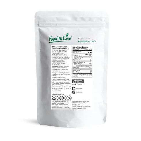 6 Food to Live Organic Golden Crunchy Granola, Ounces - Small Batch, Handcrafted, Bulk, Great as Snack for Breakfast