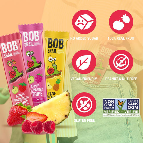 30 Pack BOB SNAIL Healthy Fruit Snacks for Kids and Adults Fruit Leather Snacks with Apple, Banana, Strawberry Vegan