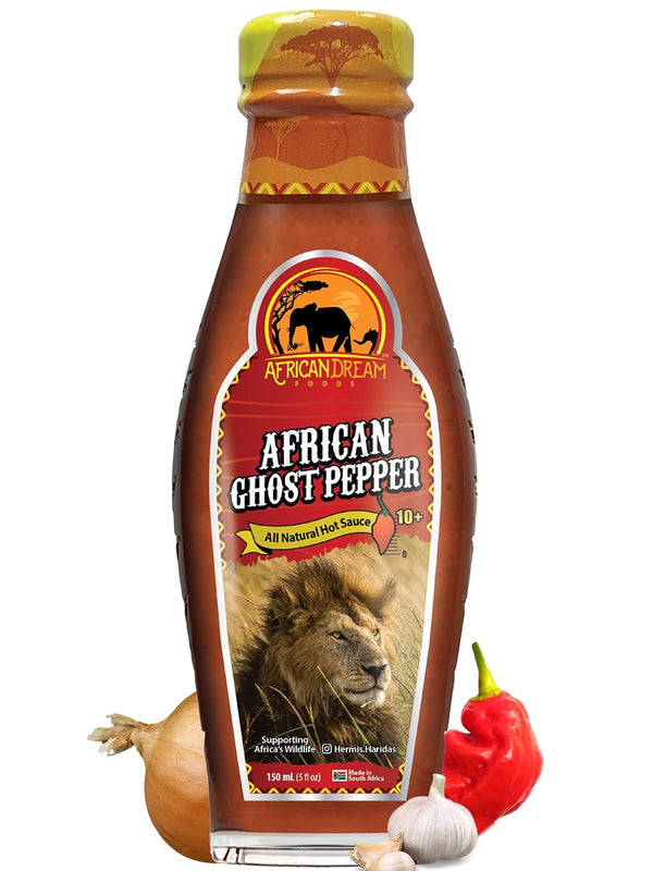African Ghost Pepper Hot Sauce 5 fl oz Glass Bottle by African Dream Foods, All Natural Thick and Chunky