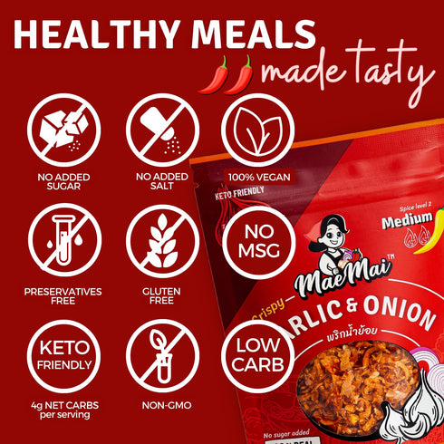 9.51oz (3-PACK) MaeMai Chili Crisp (MEDIUM HOT Spice) - Spicy Umami Onion & Garlic Flakes - All-Purpose Seasoning