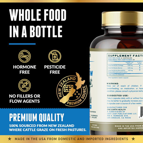 (200 Count) One Earth Health Grass Fed Beef Bone Marrow Supplement Bone, Cartilage and Marrow. New Zealand Sourced.