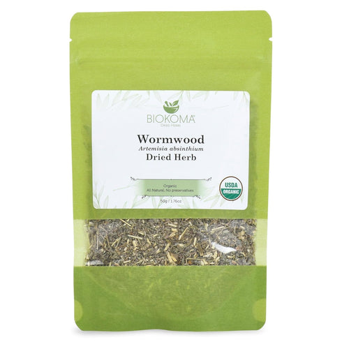 Biokoma Pure and Organic Wormwood Dried Herb - 50g in Resealable Pouch, USDA Certified Organic