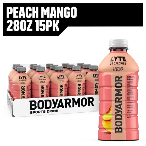 35 28 Oz (15 Pack), BODYARMOR LYTE, Peach Mango, Electrolyte Drink, Calories, Fl Bottles Coconut Water Sports Drink