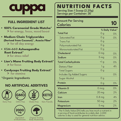 (30 Cuppa Matcha with mushrooms, adaptogens & superfoods - Lion's Mane, Ashwagandha, Cordyceps, MCT, & Prebiotic Fiber
