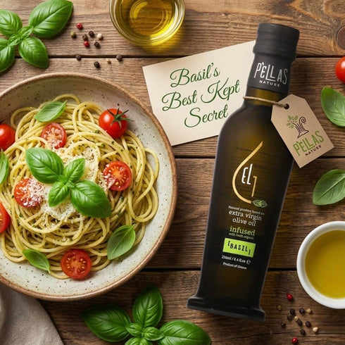 8.5 oz. Pellas Nature, Organic Basil Infused Greek Extra Virgin Olive Oil, Finishing oil, Gold Award Winner, Kosher