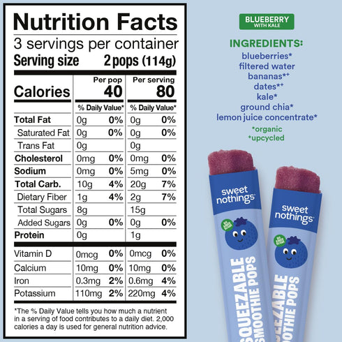 Pack 24 Sweet Nothings, Blueberry, USDA Organic Kids' Squeezable Super Fruit Smoothie Freezie Pops, Value