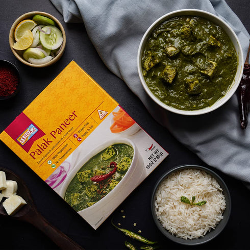 1932, Pack 10 Ashoka Ready to Heat Meals Vegetarian Spinach Cheese Curry, Kosher Certified, All-Natural Portable Meals
