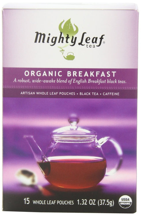 45 Count (3 Packs 15) Mighty Leaf Organic Breakfast Black Tea of Silken Pouches Premium Whole Leaf Caffeinated Tea Bold