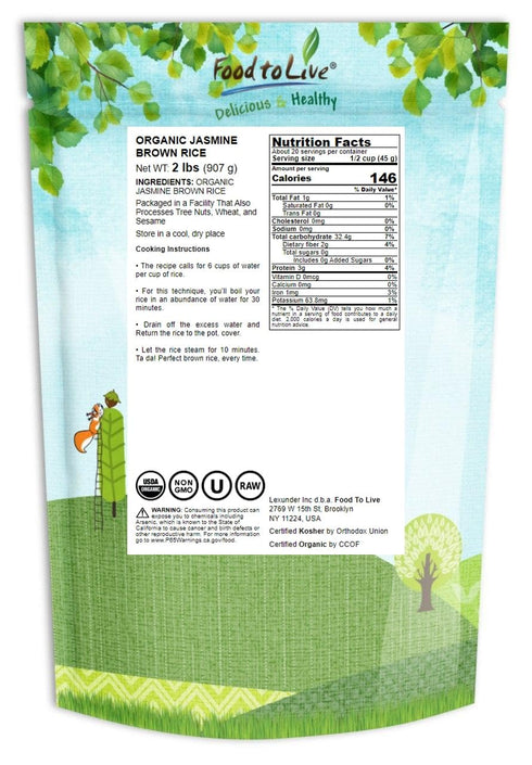 2 Food to Live Organic Brown Jasmine Rice, Pounds Non-GMO, Whole-Grain Rice, Long-Grain Variety, Non-Irradiated