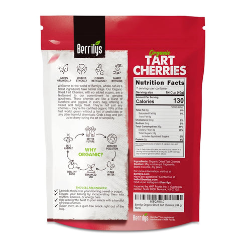 Packed 10 Oz Berrilys Organic Dried Tart Cherries Sun-Dried - Natural Flavor - Pitted Cherries for Healthy Snacking