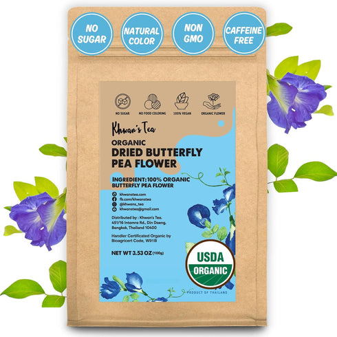 KHWAN'S TEA Organic Dried Butterfly Pea Flowers Blue Tea Clitoria Ternatea Flower
