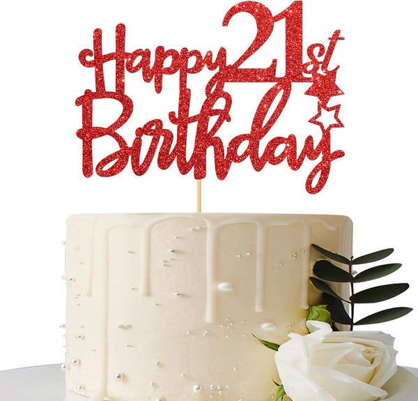Red Glitter Happy 21st Birthday Cake Topper - 21Sign Cake Topper, Cheers to 21 Years Party Supplies