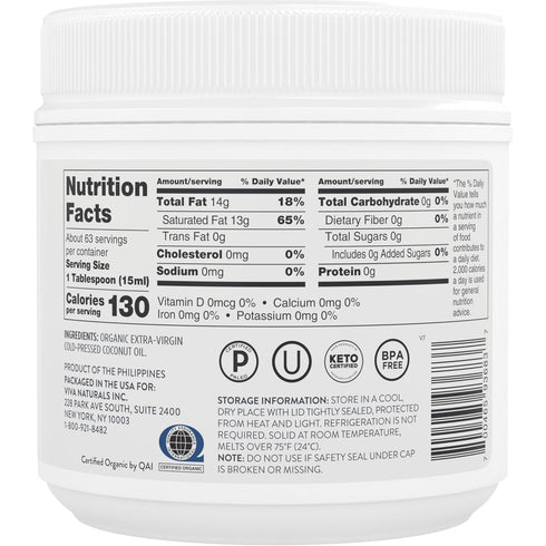 32 oz Viva Naturals Organic Coconut Oil, fl Unrefined, Cold-Pressed Extra Virgin Coconut Oil, USDA Organic & Non-GMO