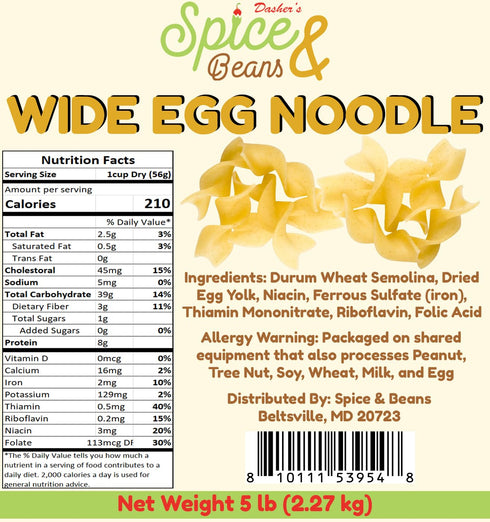 100% 5 lb. Wide Egg Noodle Pasta | Durum Semolina Flour | Made in America | by Dasher's Spice & Beans |