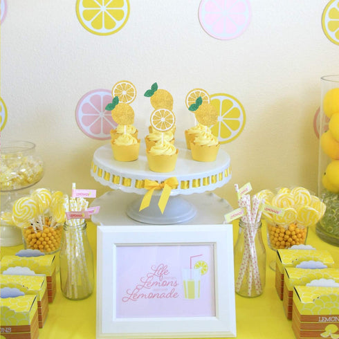 Oskal 24Pcs Glitter Lemon Cupcake Toppers, Fruits Theme Party Decor, Summer Cupcake Toppers