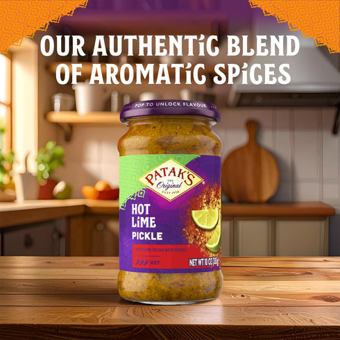 10oz (Pack 1) Pataks Hot Lime Pickle - Authentic Indian Relish w/Lime Dices, Mustard Seeds & Aromatic Spices - Perfect