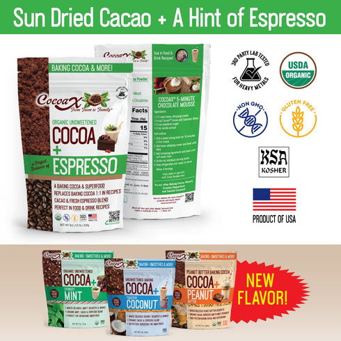 CocoaX Organic Cocoa Powder with Espresso - 8oz Gluten Free, Non-GMO Unsweetened Cocoa for Baking