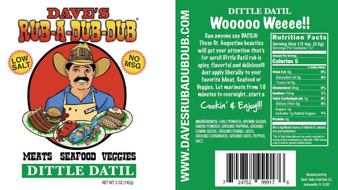 Dave's Rub a Dub Dub 5 OZ 6 Pack Dittle Datil Seasoning Dry Rub BBQ Low Sodium Spice Blend for Meats Seafood Veggies