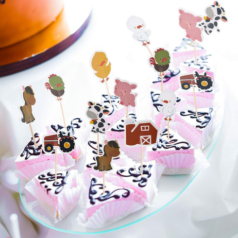 96 Pieces Farm Animal Cupcake Toppers, Chicken Duck Goose Cow Pig Tractor Horse Picks for Baby Shower Birthday Party.