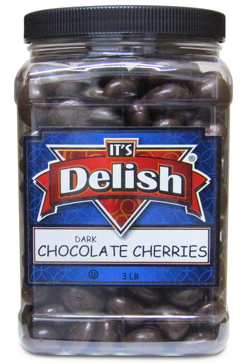 3 lb Gourmet Dark Chocolate Covered Cherries by It's Delish, Jumbo Reusable Container | Premium Dark Bittersweet