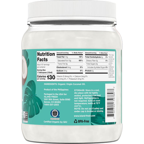 54 oz Island Fresh Organic Coconut Oil, Extra Virgin, Cold-Pressed, fl USDA Organic, Non-GMO for Cooking, Baking, Hair