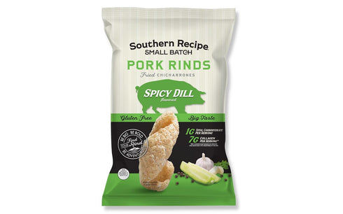 7g 4 Oz (Pack 6) Southern Recipe Small Batch Pork Rinds | Spicy Dill Flavor | Keto Friendly, Gluten Free, Low Carb Food