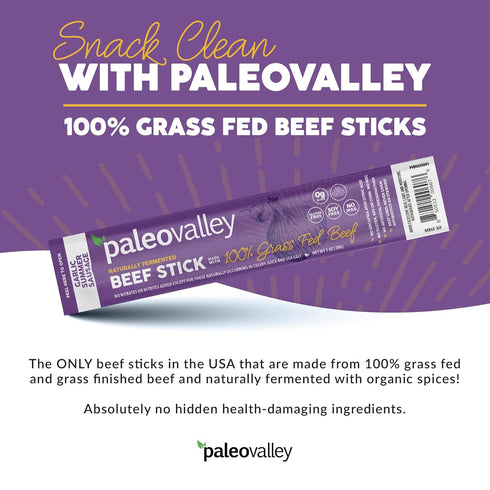 100% Summer Paleovalley Grass Fed Garlic Sausage Beef Sticks - Delicious Gluten Free Beef Snack - High Protein Keto
