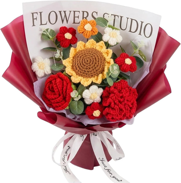 Uanqfegy Knitted Crochet Flower Bouquet Purple Long-Lasting Roses & Tulips for Birthday Mother