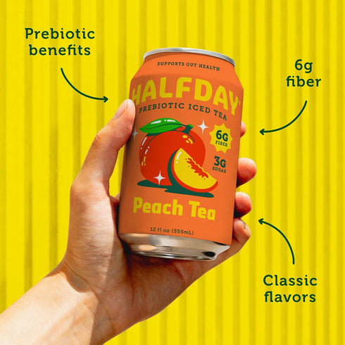 6g 3g 35 12 oz (12 pack) HALFDAY Prebiotic Peach Iced Tea Cans, Supports Digestive & Gut Health, Plant Fiber