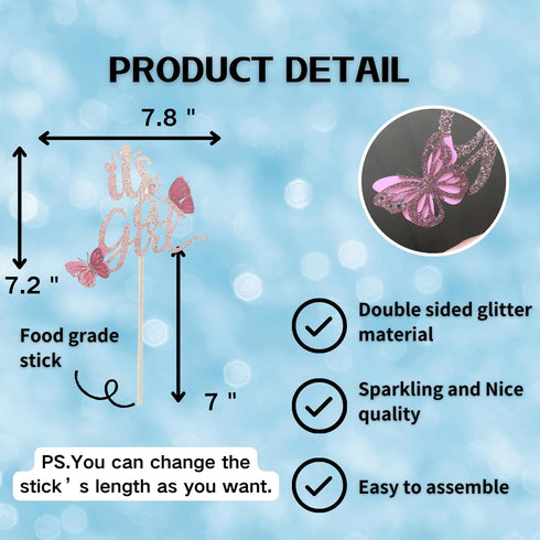 ALISSAR New Double Sided Rose Gold Butterfly Baby Shower Cake Topper Set, It's A Girl Cake Topper & 16 Pink Butterflies