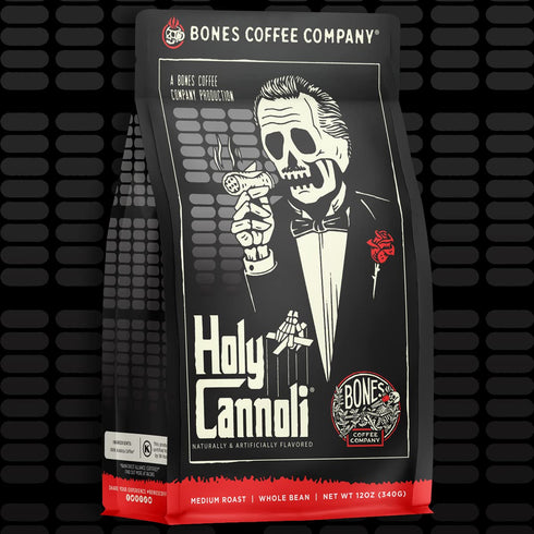 12 Oz Bones Coffee Company Holy Cannoli, Baked Cannoli Flavored Coffee, Medium Roast Low Acid Arabica Beans Compatible