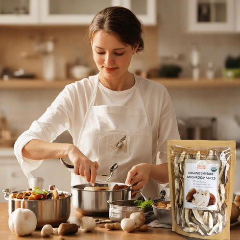 (8Oz) VIGOROUS MOUNTAINS Organic Shiitake Mushrooms Sliced, Great Size Fresh Texture Rehydrate Quickly, Dried Shiitake