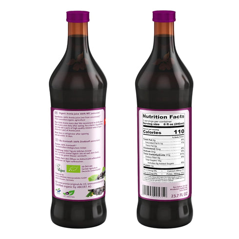 23.7 Oz 100% Aronia Original Organic Aronia Berry Juice Fl - Pure Chokeberry Juice, Not from Concentrate, Amber Glass