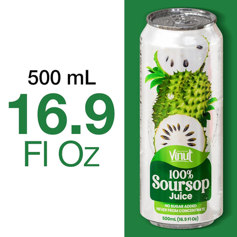100% 16.9 oz (500 mL) Pack 24 VINUT Soursop Juice, No Added Sugar, Not From Concentrate, fl Can