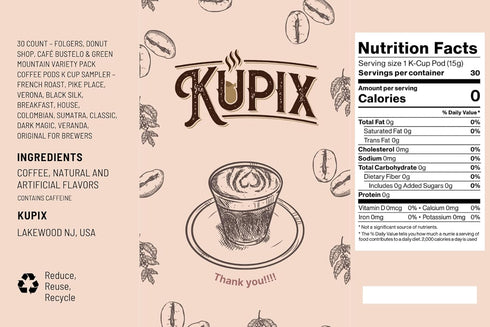 KUPIX 30 Count Pack Variety Coffee Pods K Cup Sampler French Roast, Black Silk, Breakfast, House, Colombian, Classic