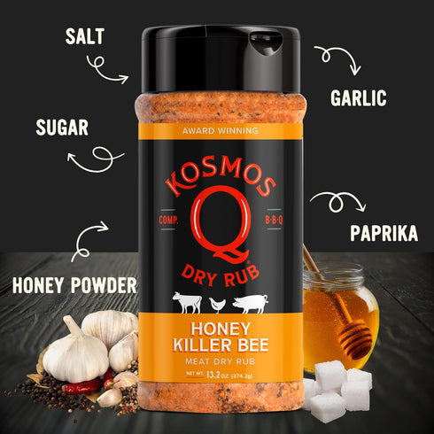13.2 Oz Kosmos Q Honey Killer Bee BBQ Dry Rub, Sweet Seasoning with Brown Sugar, Honey, Garlic & Paprika for Chicken