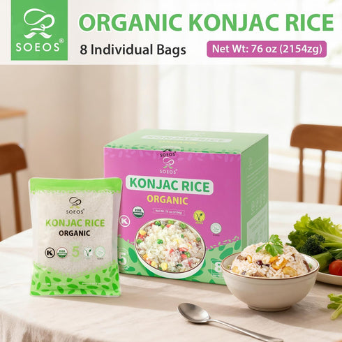 8 Packs, 9.5 oz 76 Soeos Konjac Rice, Each Bag, Low Carb, Low Calorie Shirataki Rice, Gluten Free, Sugar Free, Vegan