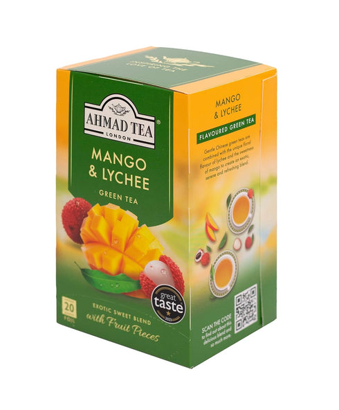 20 Count, Pack 6 Ahmad Tea Mango & Lychee Flavored Green Tea with Fruit Pieces
