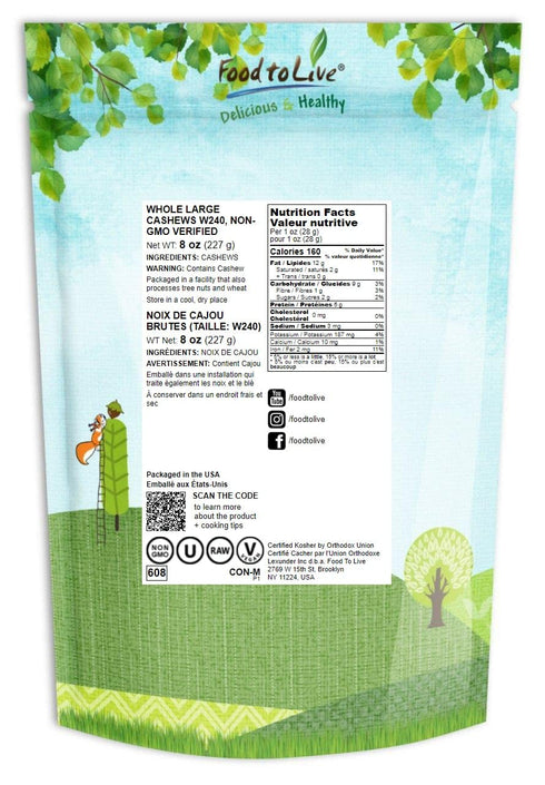 Food to Live Cashew Nuts, 8 Ounces, Non-GMO Verified, Whole Nuts, Unsalted, Kosher, Raw, Vegan, Bulk