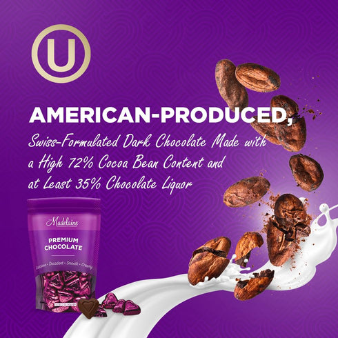 72% 12 oz Madelaine Dark Chocolate Mini Hearts Candy Cacao Valentines Day Chocolates, Individually Wrapped in Burgundy