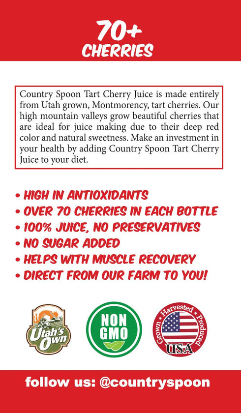Country 100% (70+ 8 oz) 12 Pack Spoon Tart Cherry Juice Tart Cherries Per | Not from Concentrate, Single Ingredient