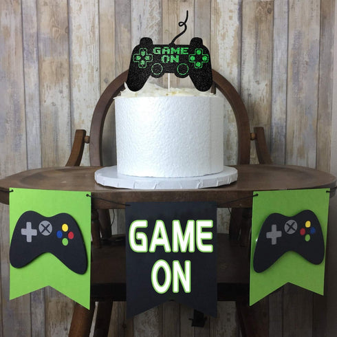 Game On Big Cake Topper - Black and Green Glitter Video Game Controller Cake Decorations for Kids