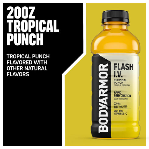 20 Oz (Pack 12) BODYARMOR Flash I.V. Electrolyte Beverage, Tropical Punch, Hydration Drink with Coconut Water For Rapid