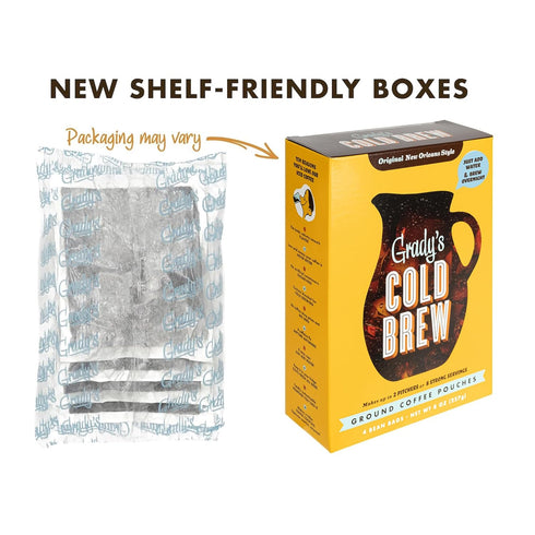 100% 24 GRADYS COLD BREW, New Orleans Style, Arabica Ground Coffee & Chicory Pouches, TWO Boxes of Four Easy-to-Brew