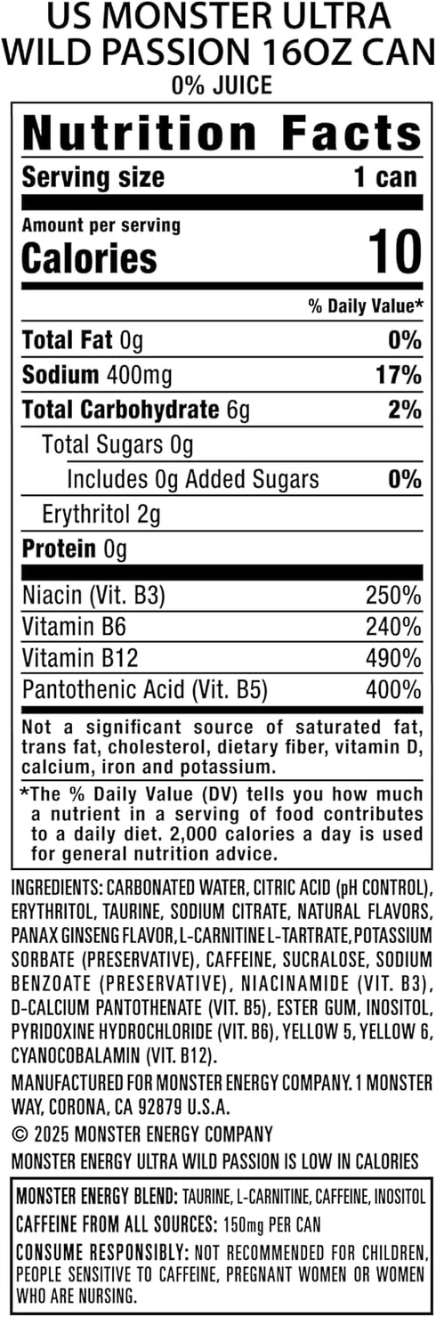 16 (Pack 15) Monster Energy Ultra Wild Passion, Sugar Free Energy Drink, Ounce