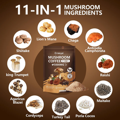 11 Immunity 30 Organic Low Caffeine Mushroom Coffee Superfood Instant Mushrooms Coffee with Ashwagandha, Shilajit
