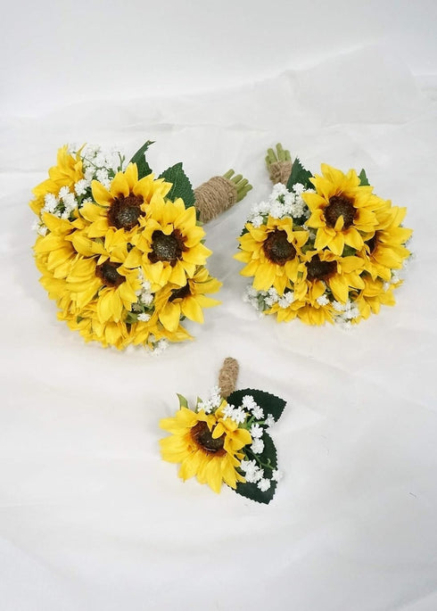 SweetHomeDeco (Yellow-6''W Silk Sunflower Baby's Breath Mixed Wedding Bridal Bridesmaid Bouquet Boutonniere for All