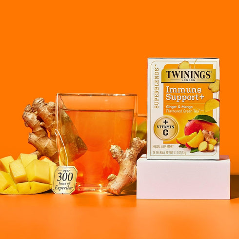 Immune 16 (Pack 6), 96 Twinings Superblends Support+ Herbal Tea with Vitamin C, Ginger & Mango Flavoured Green Tea, Tea
